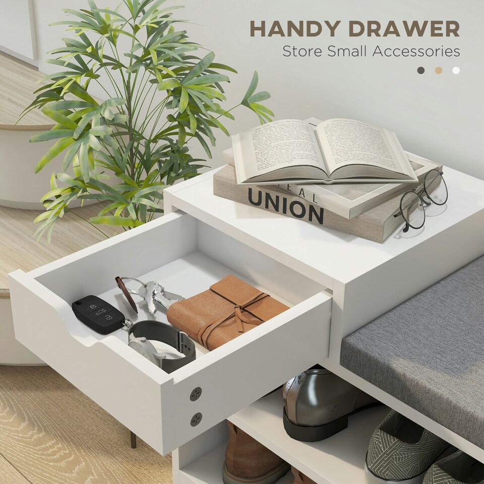 image 1 of HOMCOM Upholstered Entryway Shoe Bench with Storage Drawer Open Shelf Brown