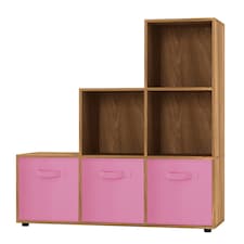 6-Cube Step Shelving Unit With Non Woven Inserts | Brown | Oak & Light Pink | 1