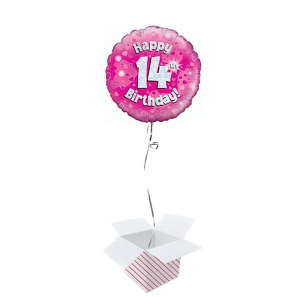 Pink Happy 14th Birthday Holographic Round Foil Helium Balloon - Inflated Balloon in a Box