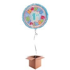 Happy 1st Birthday Holographic Round Foil Balloon - Inflated Balloon in a Box
