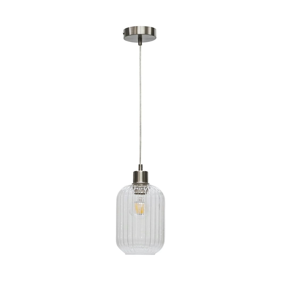 image 1 of Set of 2 Batley - Clear Ribbed Glass with Satin Nickel Pendant Fittings | Clear | Clear | 2
