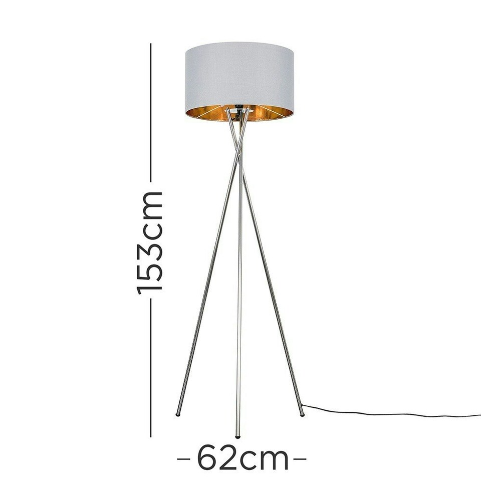 image 1 of ValueLights Camden Chrome Tripod Floor Lamp Grey & Gold Shade Grey