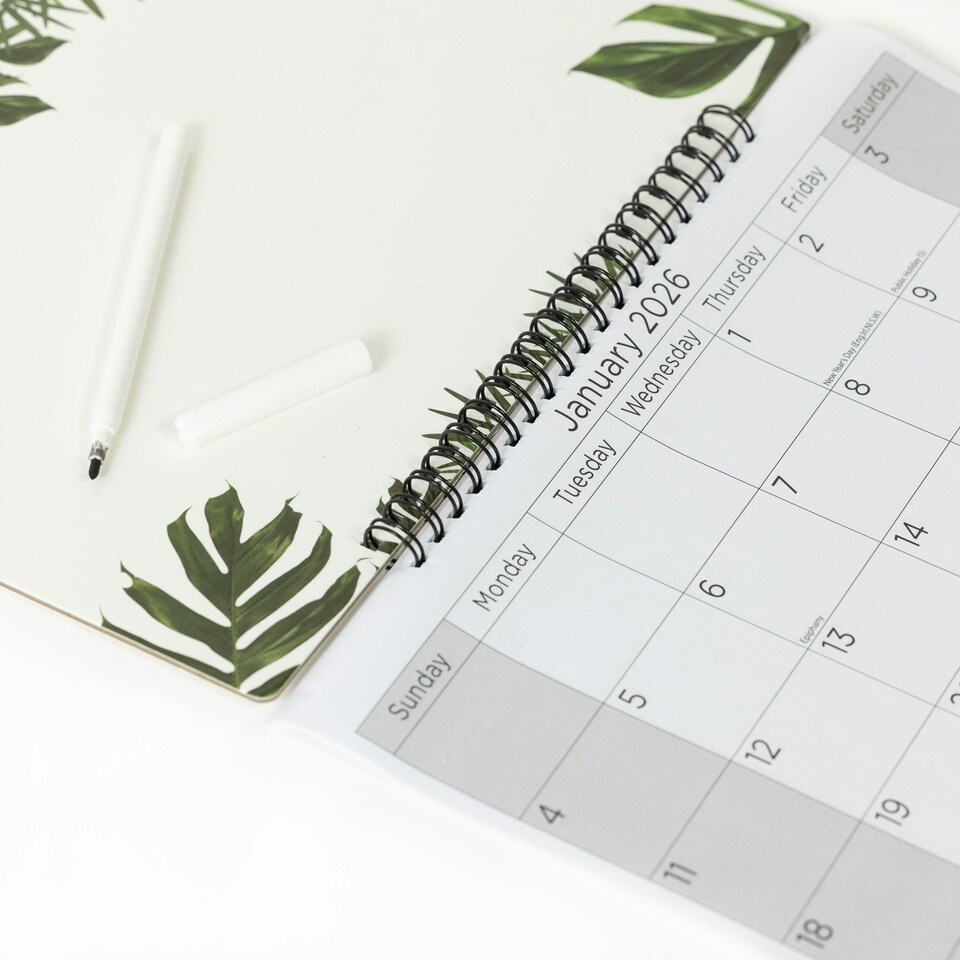 image 1 of 2026 Monthly Memo Board Calendar & Pen Leaf Design