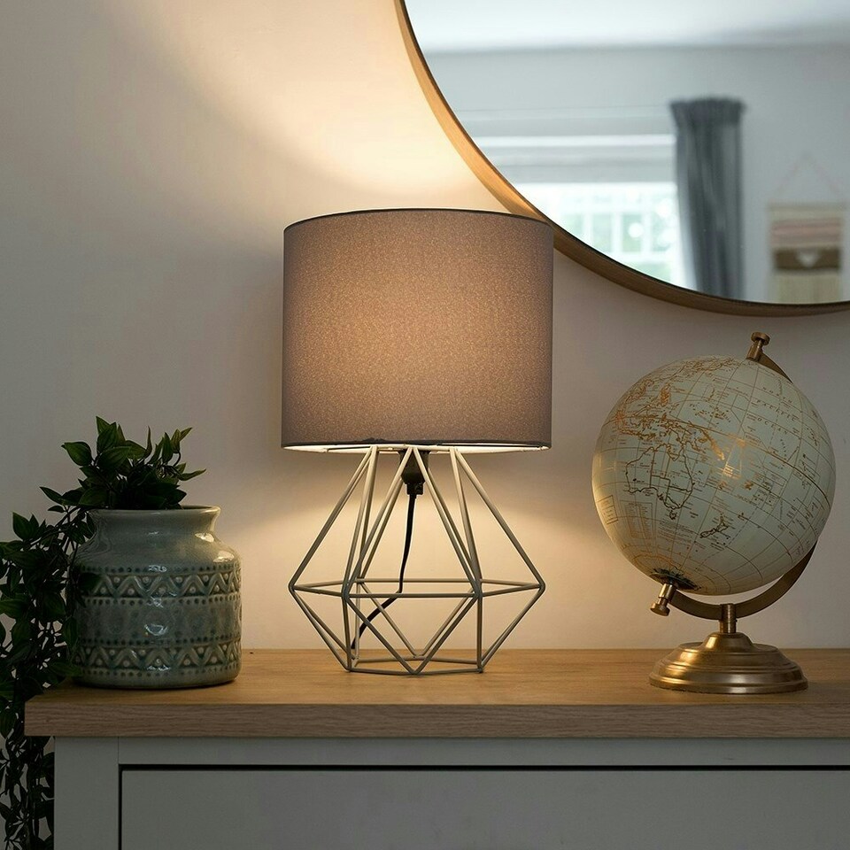 image 1 of ValueLights Angus Geometric Matte Grey Table Lamp and E14 Golfball LED 4W Warm White 3000K Bulb Grey
