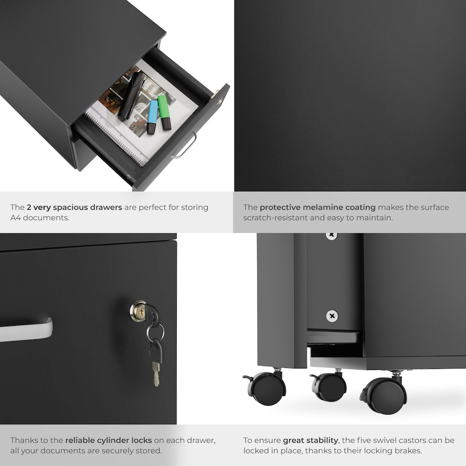 image 1 of Filing Cabinet - 2 rolling,  lockable drawers, fits A4 documents | Black | black | 46 x 40 x 54,50 cm | 1