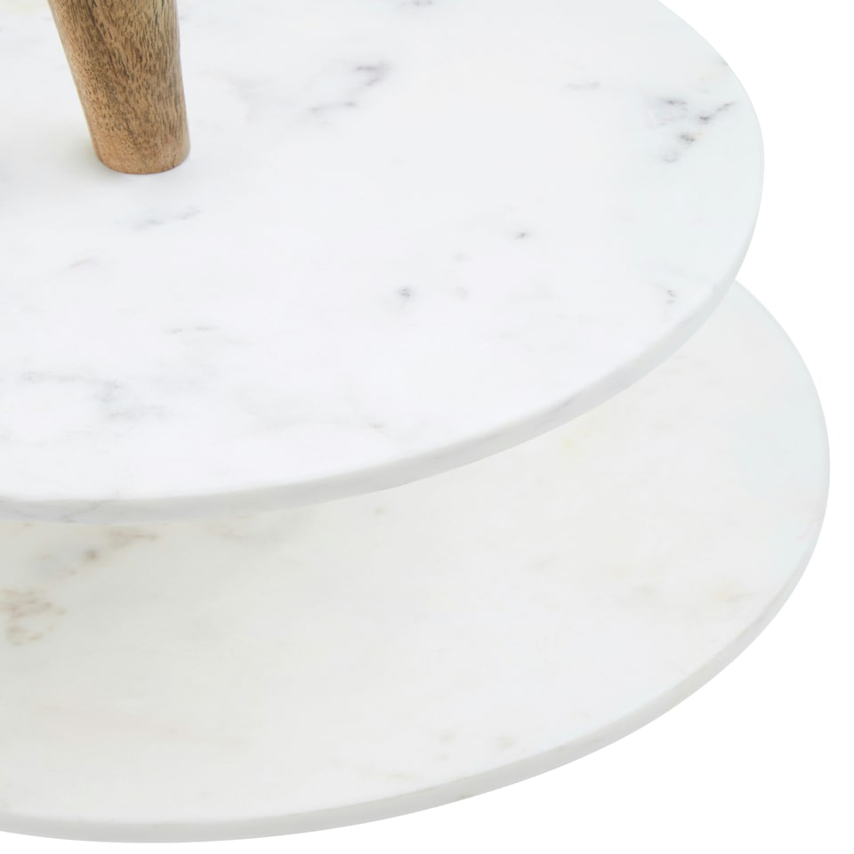 image 1 of Monzaro Two Tier Marble and Acacia Wood Cake Stand White