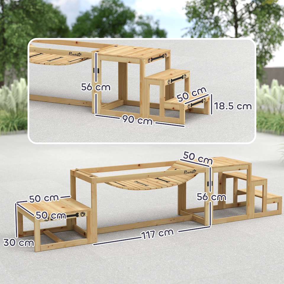 image 1 of PawHut Dog Agility Equipment 3 Pieces Wooden Dog Agility Set with Soft Bridge, Pause Platform and Pet Stair for Outdoor, Natural Wood