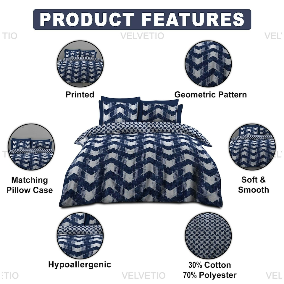 image 1 of VELVETIO Jovana Complete Duvet Cover Set with Fitted Sheet Printed Bedding Quilt Blue | King