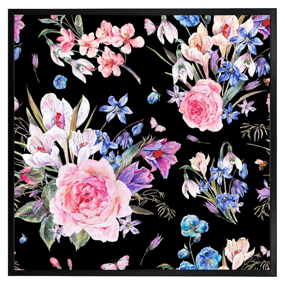 image 1 of Bright pink flowers on black (Picture Frame) Grey | XL