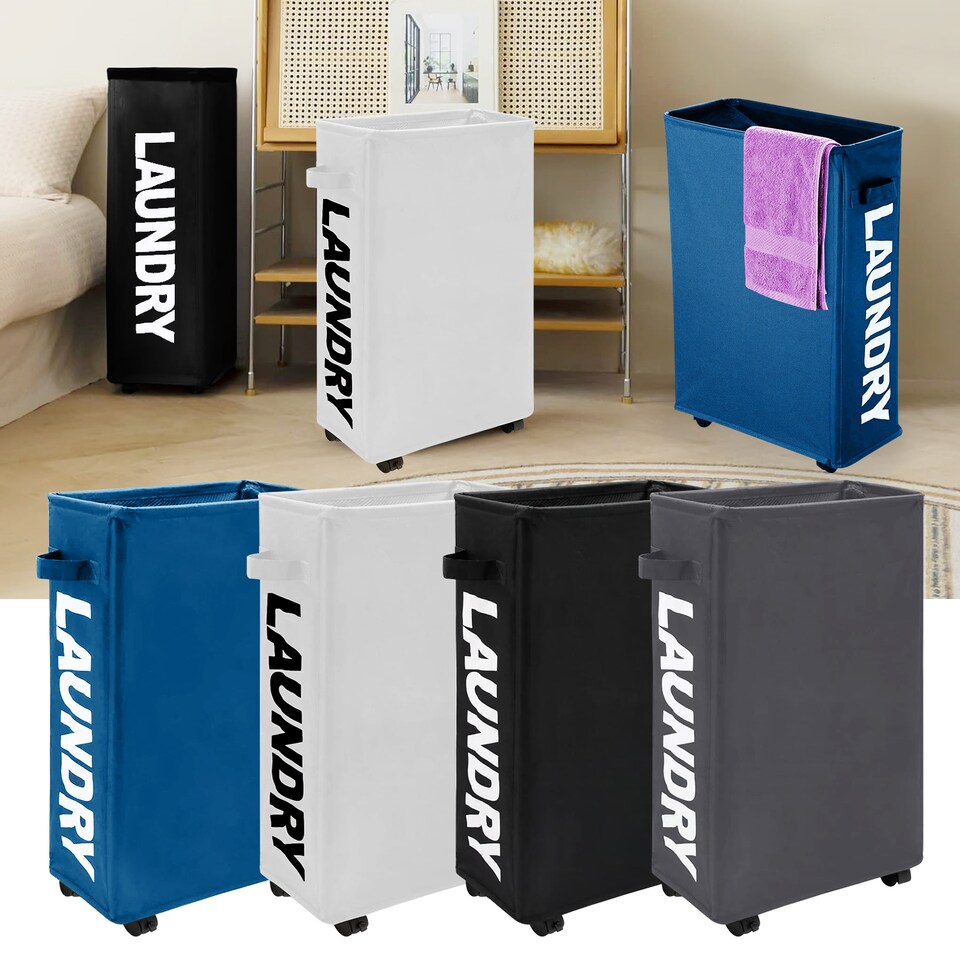 image 1 of 38L Slim Laundry Basket with Wheels, Rolling Laundry Hamper with Storage Bin