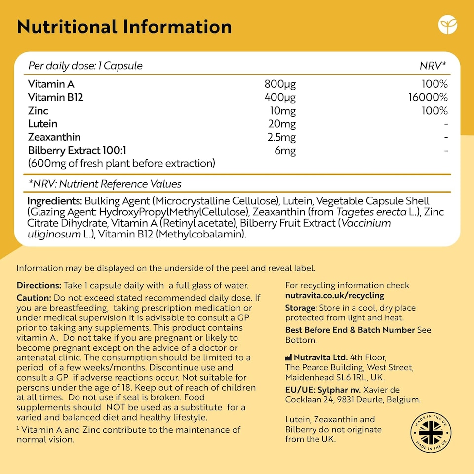 image 1 of Nutravita Lutein Natural Eye Supplement - Zeaxanthin, Bilberry Extract, Vitamins A, B12 & Zinc for Maintenance of Normal Vision - 90 Vegan Capsules