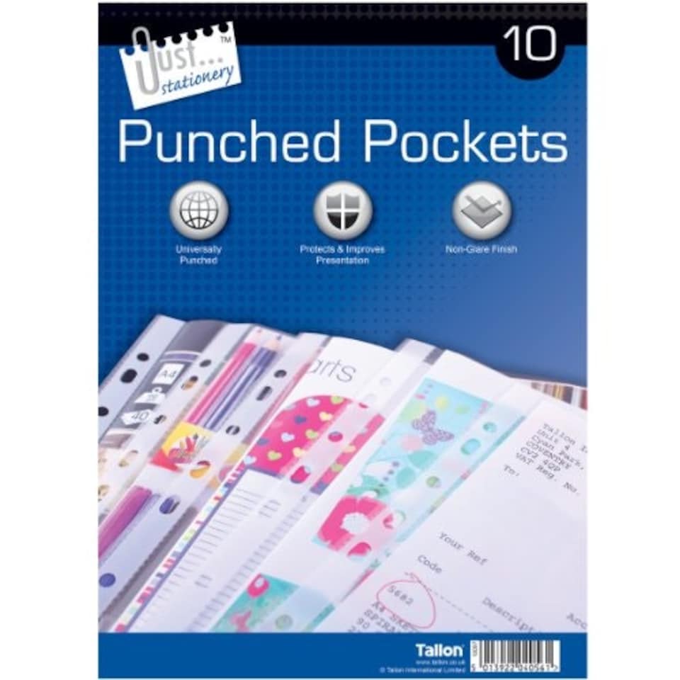 image 1 of Just Stationery 10 Clear Plastic Punched Pocket