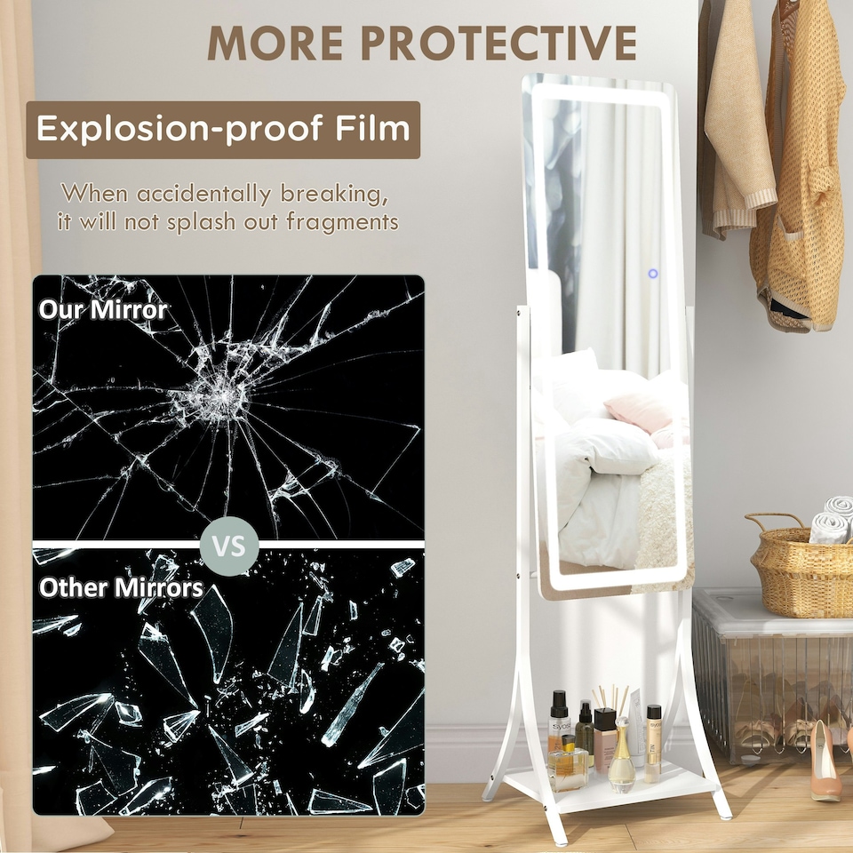 image 1 of HOMCOM LED Lighted Full Length Mirror, Floor Standing Mirror with Storage Shelf