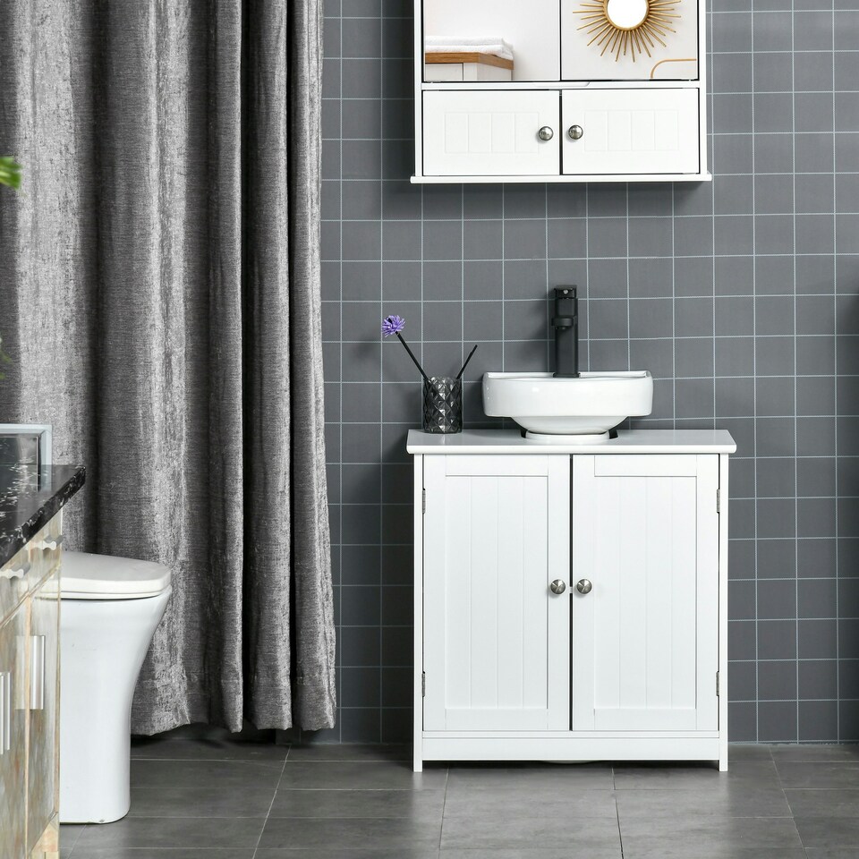 image 1 of kleankin 60x60cm Under-Sink Storage Cabinet w/ Adjustable Shelf Drain Hole White White | White
