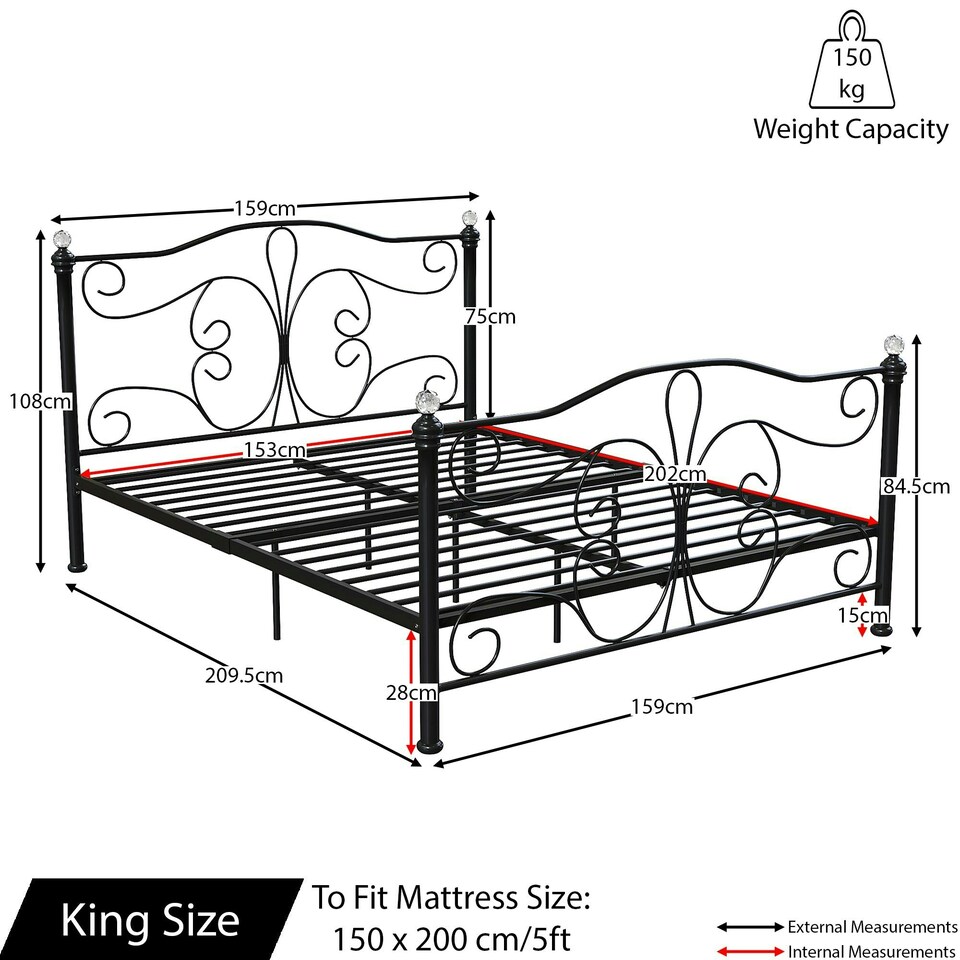 image 1 of Vida Designs Chicago 5ft King Size Metal Frame Crystal Finials, Black, 150 x 200cm