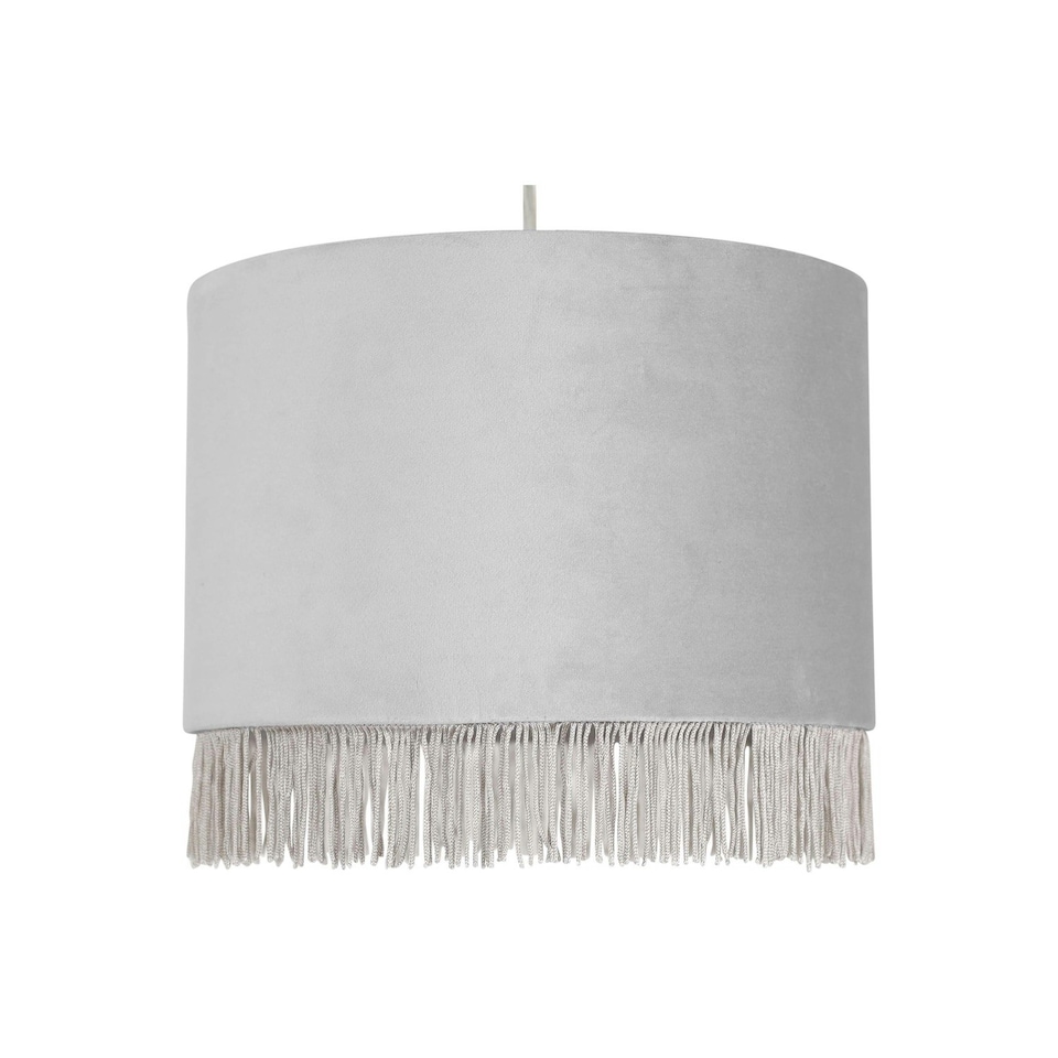 image 1 of First Choice Lighting Set of 2 Fringed Silvery Grey 23cm Fringed Velvet Pendant Shades Silver