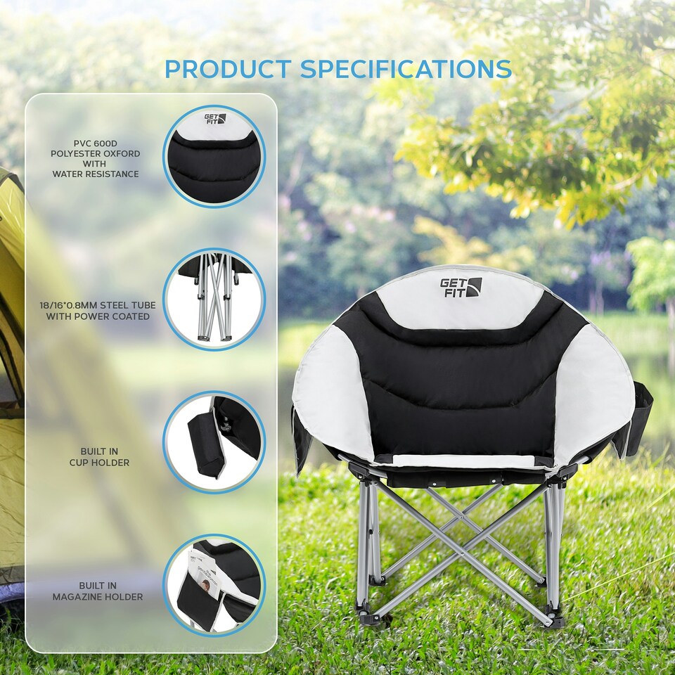image 1 of Get Fit Moon Camping Chair - Portable Outdoor Premium Folding Chair With Magazine Pocket, Cup Holder & Carry Bag - Capacity 130Kg - 2 Pack | Grey | 2