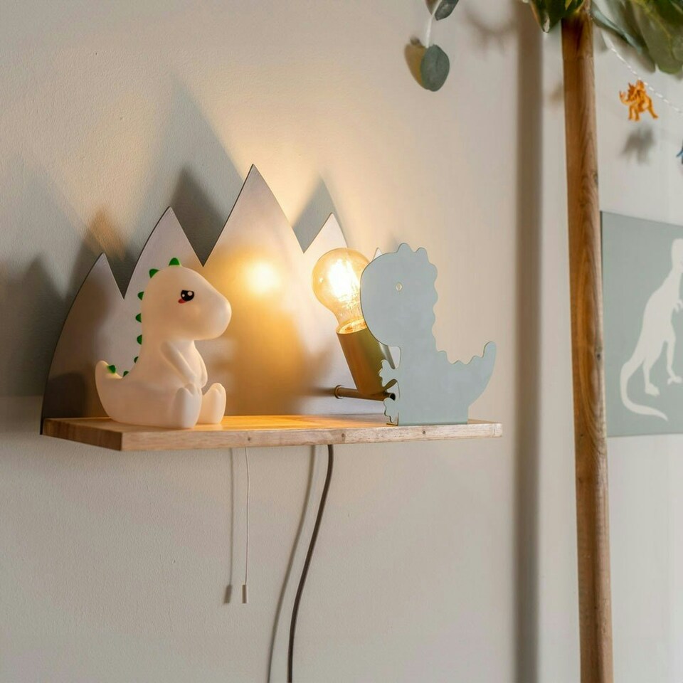 image 1 of ValueLights Kids Green and Grey Dinosaur Design Plug in Wall Light with Shelf and Pull Cord Switch - Including Bulb