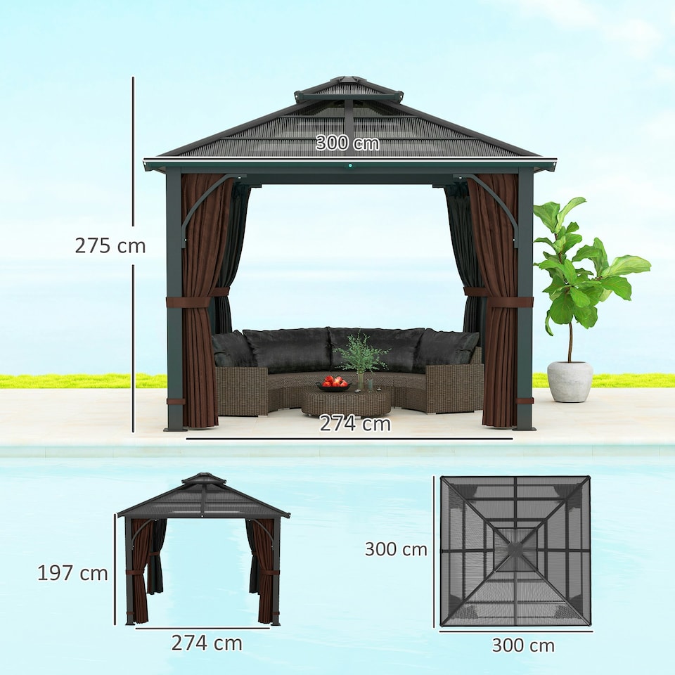 image 1 of Outsunny 3x3(m) Hardtop Gazebo with Polycarbonate Roof & Sides, Brown