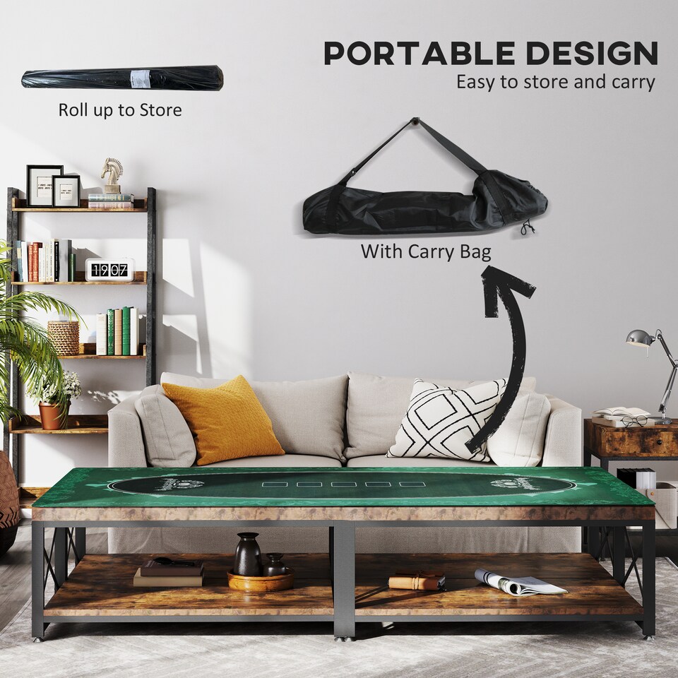 image 1 of SPORTNOW 239.3 x 115.5 cm Professional Texas Hold'em Poker Mat 12 Player Water-Resistant Poker Table Top Rubber Poker Table Mat with Felt Surface Carry Bag, Green