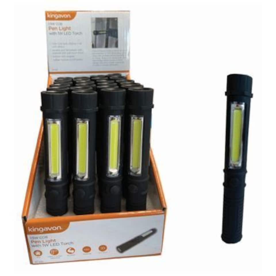 Kingavon Plastic Pen Light with 1W LED Torch - 1.5W COB - Black
