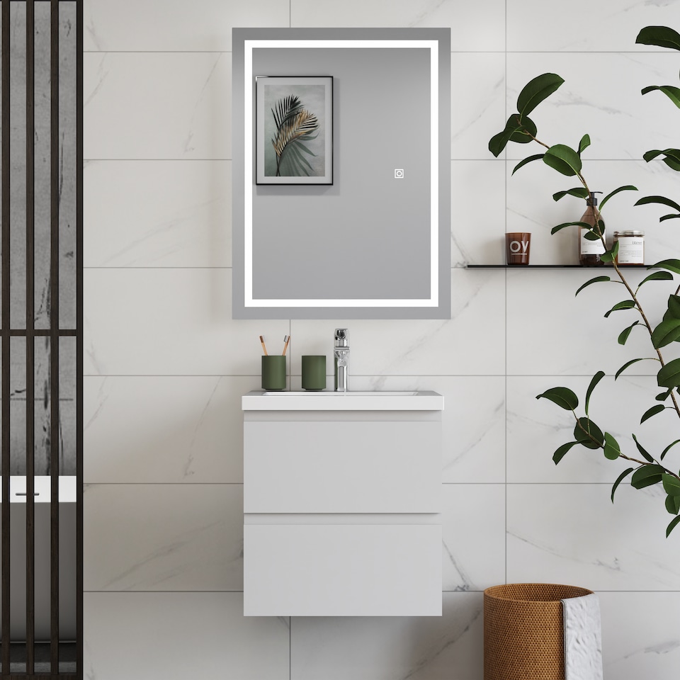 image 1 of AICA 500mm Wall Mounted Bathroom Vanity Unit With Ceramic Basin,2 Soft Close Drawers for Storage,White,Flat packed