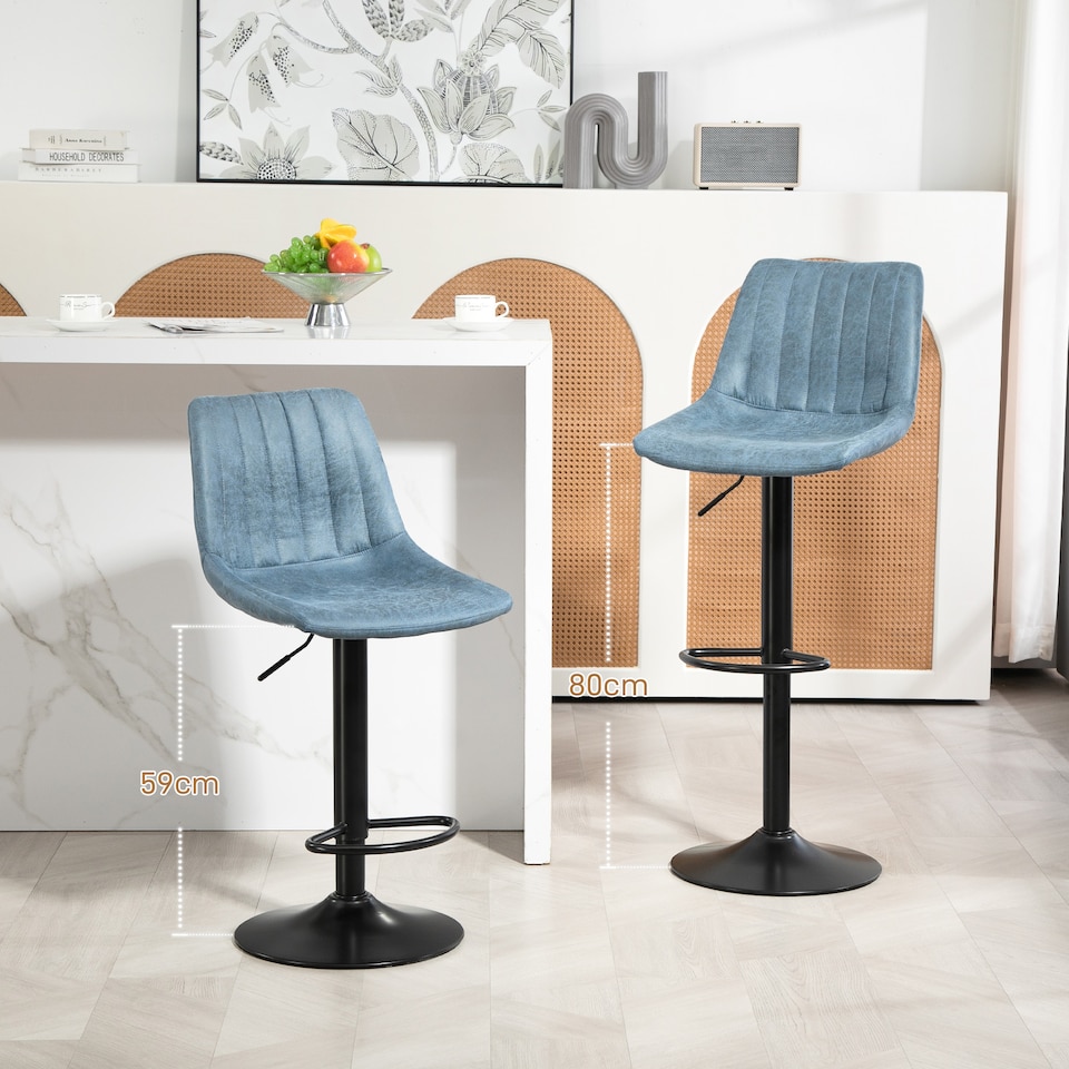 image 1 of HOMCOM Modern Bar Stools Set of 2, Height Adjustable Swivel Bar Chairs with Backrest, Gas Lift and Footrest, Leathaire Barstools for Breakfast Counter, Kitchen Island, Blue