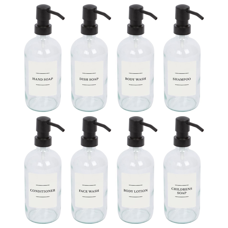 image 1 of Harbour Housewares Glass Soap Dispensers with Labels 500ml - Pack of 8 - Refillable Pump Bottles for Kitchen & Bathroom