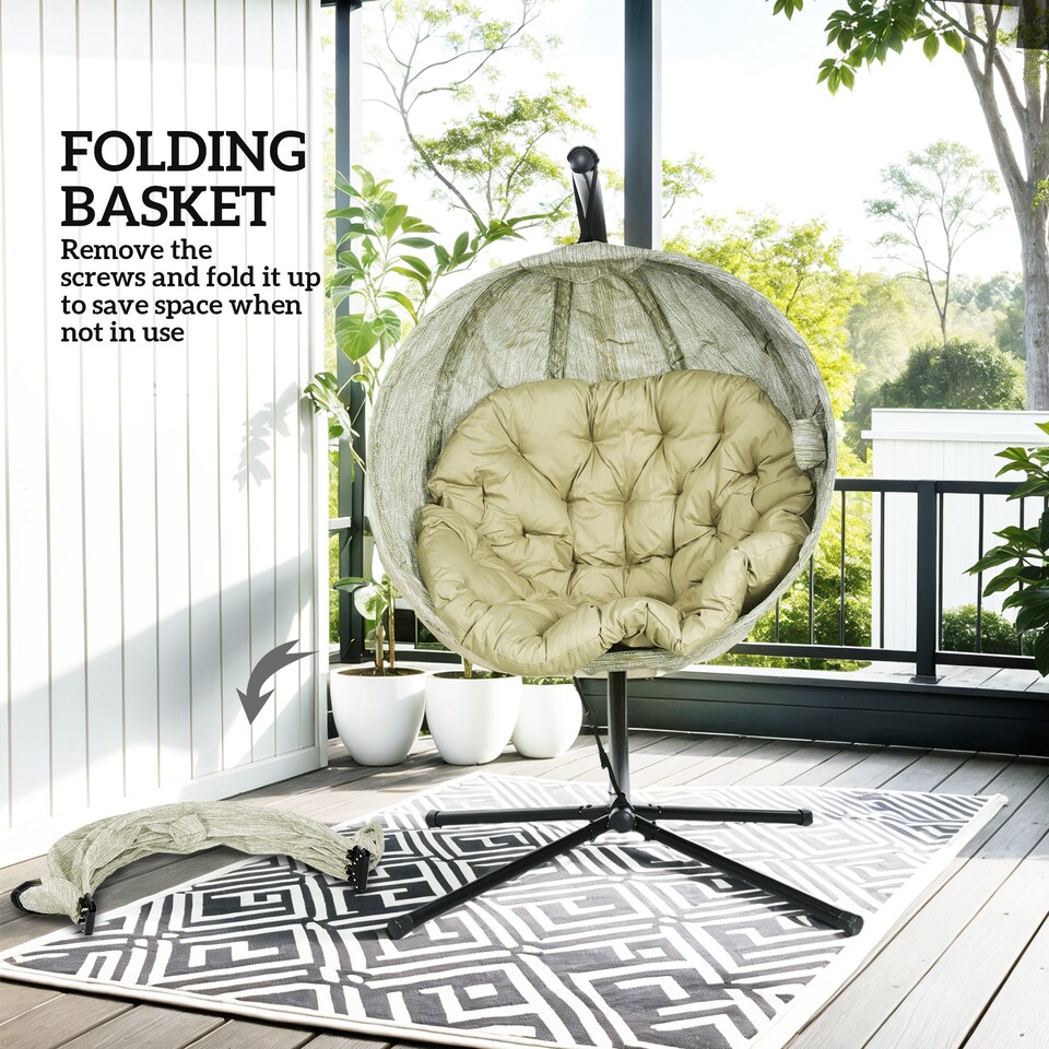 image 1 of Outsunny Hanging Egg Chair Outdoor Indoor Garden Swing Chair with Folding Basket, Thickened Cushion, Cup Holder for Patio, Balcony, Khaki | Brown | Khaki