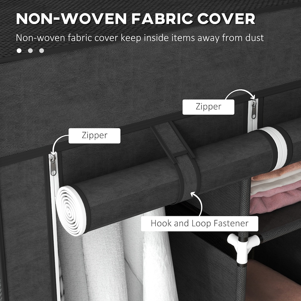 image 1 of HOMCOM Fabric Wardrobe, Portable Wardrobe, Clothes Storage Unit with 8 Shelves, 2 Hanging Rods, 125 x 43 x 162.5 cm, Black | Black | Black