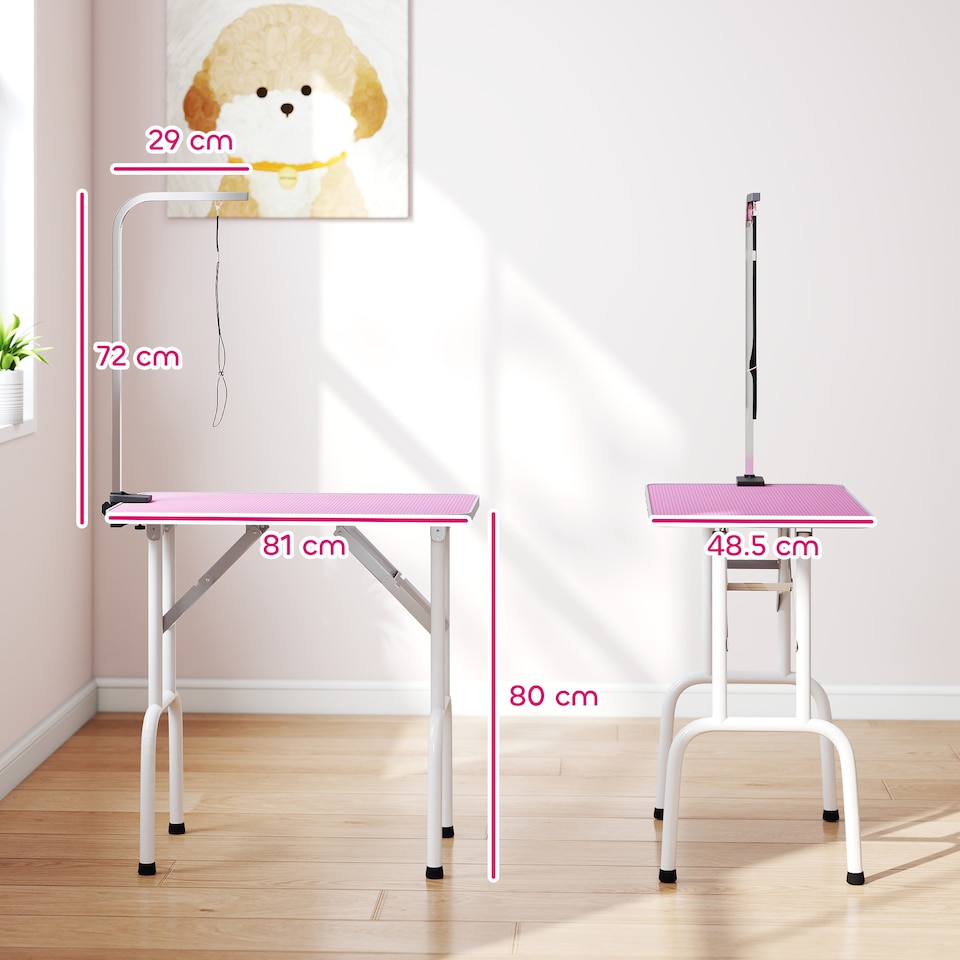 image 1 of PawHut Foldable Dog Grooming Table Adjustable Arm for Small Dogs 81x49x80 cm | Pink | Pink | 81 x 48.5 x 80 cm