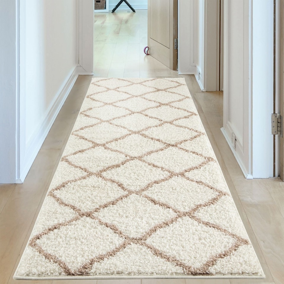 image 1 of The Rugs Moroccan Collection Soft High Pile Shaggy Lattice Floor Rugs and Runners Living Room