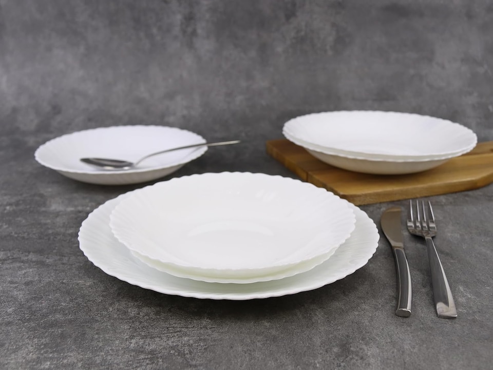 image 1 of White Opal Glass Dinner Set Plates Soup Bowls Dinnerware | White | Sophia Wavy - 12 Pcs | 12