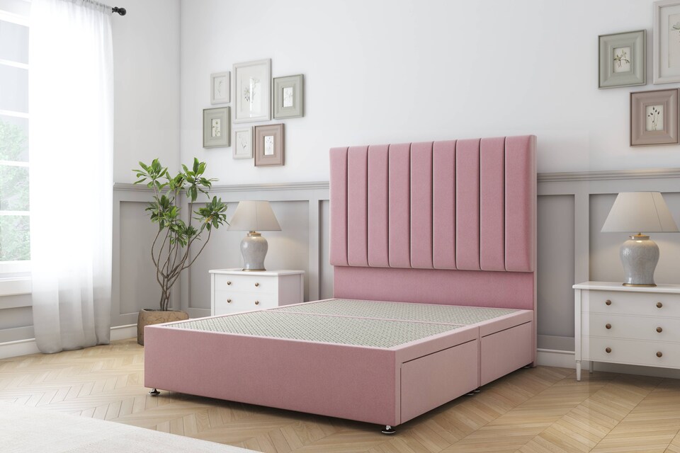 image 1 of Sloomy Kansas Pink Plush Divan Bed Base 2 Drawers Same Side With 54 Inch Floor Standing Headboard | Pink | Pink | Small Single | 1
