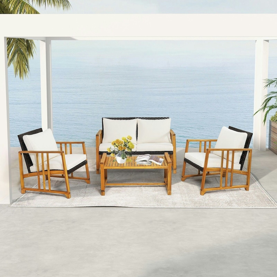 image 1 of COSTWAY 4 PCS Outdoor Patio Rattan Chair Table Set w/Cushions