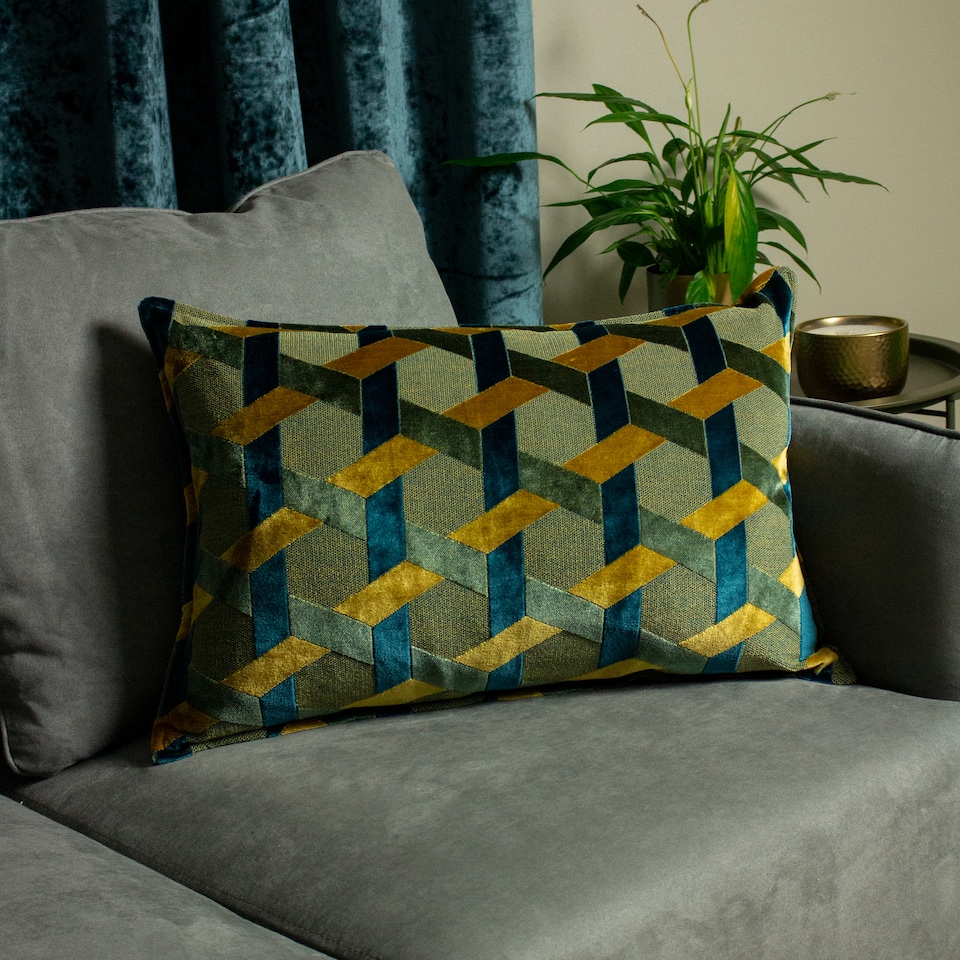 image 1 of Paoletti Delano Velvet Jacquard Cushion, Teal/Gold, 40 x 60cm