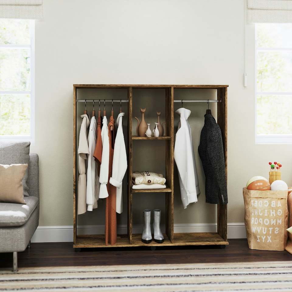 image 1 of HOMCOM Mobile Double Open Wardrobe w/ Clothes Hanging Rail, Rustic Brown