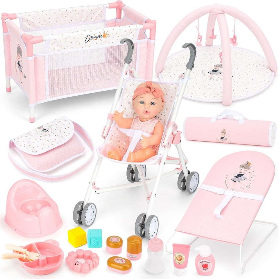 image 1 of Baby Doll Nursery Playset with 12" Doll, Stroller, Crib, Play Mat & Travel Bags – Complete Pretend Baby Care Set with Accessories – Role‑Play Toy for Kids Ages 3–8