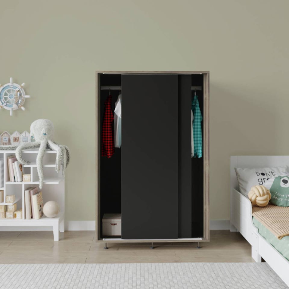 image 1 of URBNLIVING 2 Sliding Door Wardrobe 120cm Freestanding Unit | Multi | Oak Carcass + Black Doors | 1