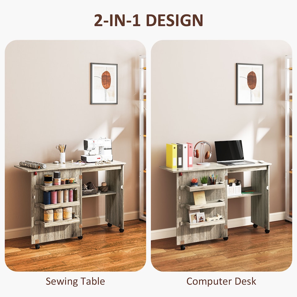 image 1 of HOMCOM Folding Sewing Table Rolling Craft Table with Drop Leaf Wheels Grey | Grey | Grey