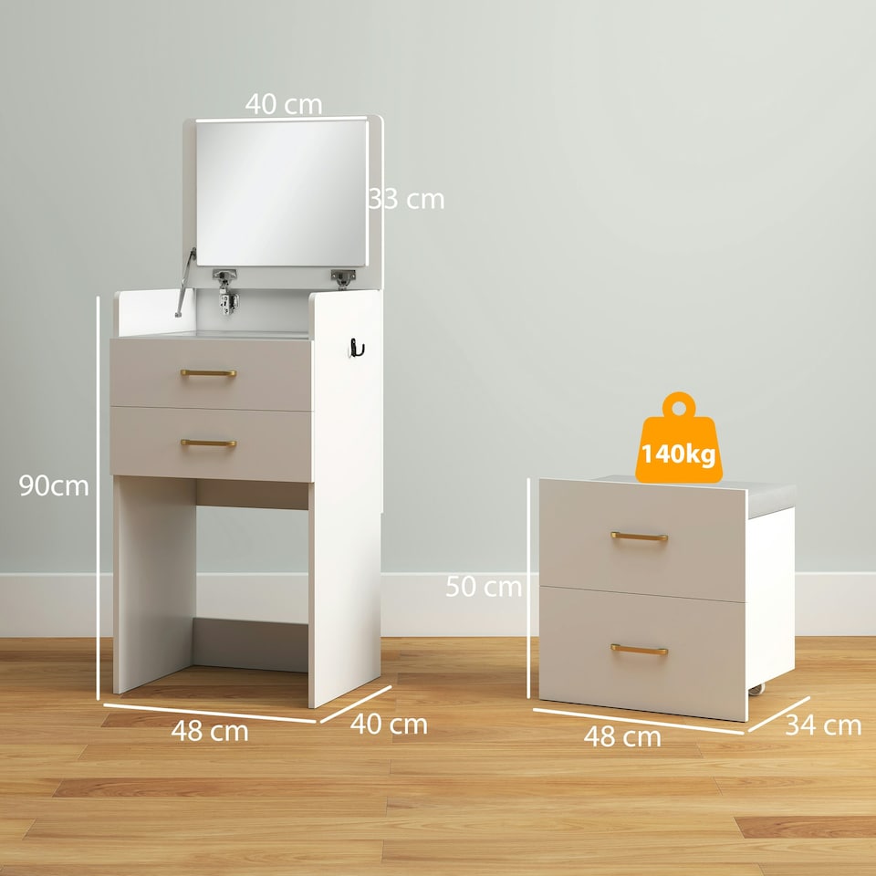 image 1 of HOMCOM 3 in 1 Dressing Table Vanity Desk with Mirror and Cushioned Stool White