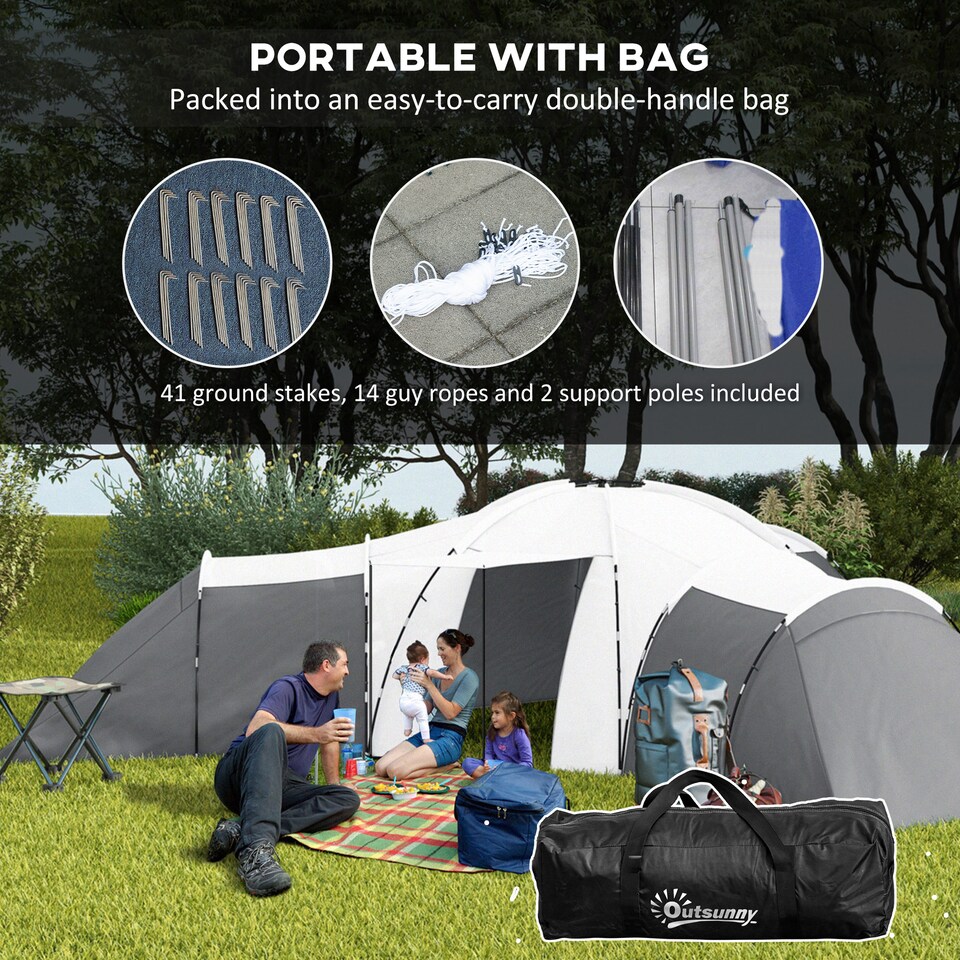 image 1 of Outsunny 6-9 Man Large Tunnel Tent with 3 Bedroom, Living Area and Porch, Stand-up Camping Tent, Portable with Bag, for Fishing Hiking Festival | Grey