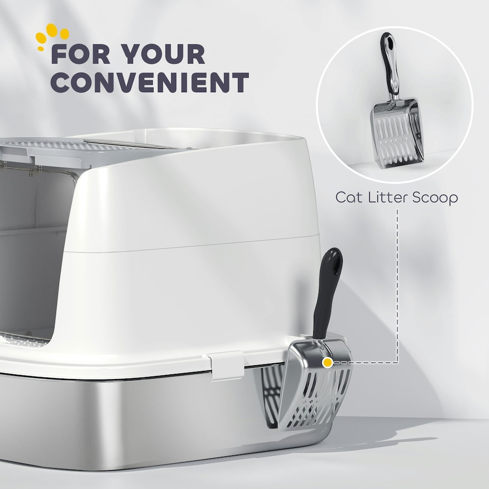 image 1 of PawHut Stainless Steel Litter Box, Enclosed Metal Cat Litter Tray with Scoop White | One Size