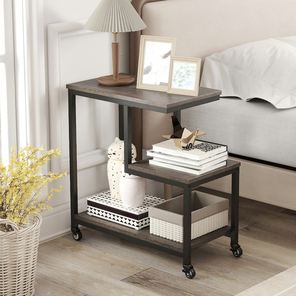 image 1 of COSTWAY G-shaped Side Table 3-Tier Mobile End Table Grey