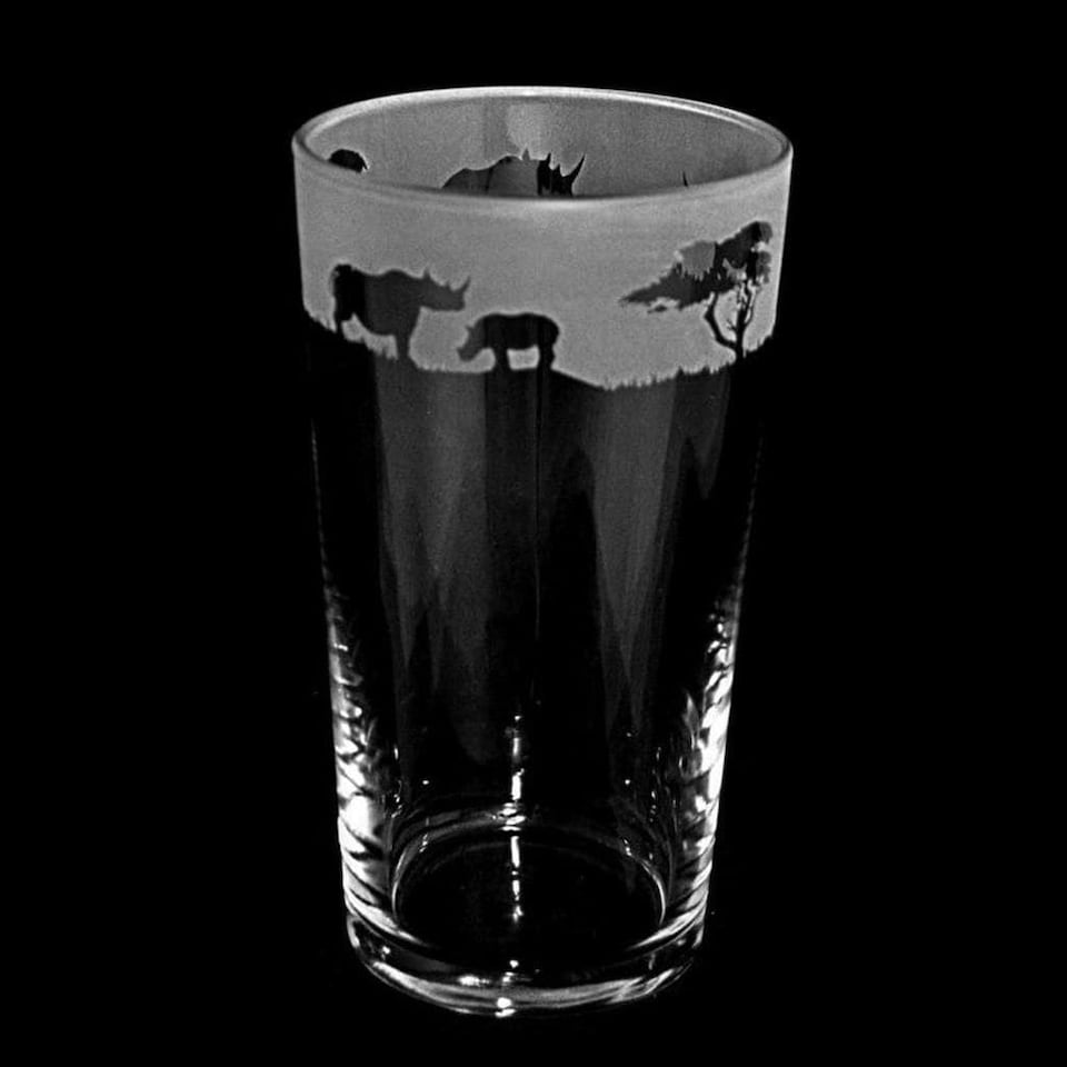 Animo Glass Etched Pint Glass Rhino