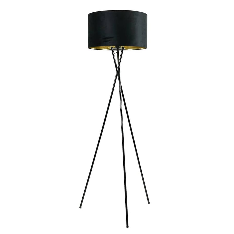 image 1 of ValueLights Camden Black Tripod Floor Lamp Black Velvet & Gold Shade | Black