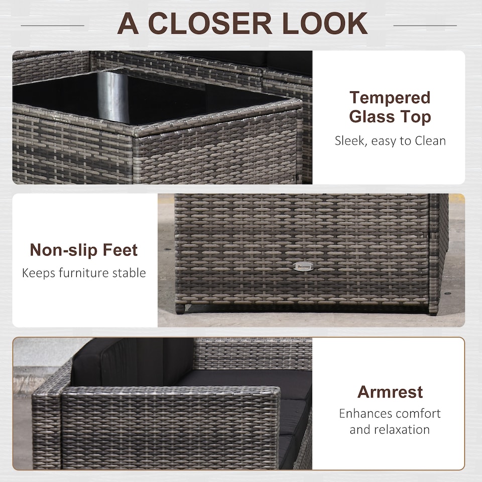 image 1 of Outsunny 8 Pieces Outdoor PE Rattan Sofa Set with Cushions, Patio Garden Furniture Sets with Glass Top Coffee Table, Storage Corner Table, Grey