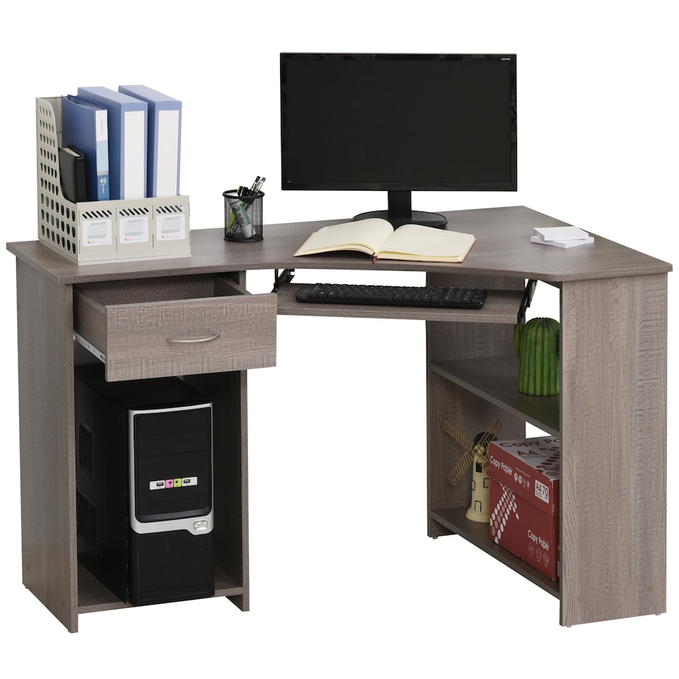 image 1 of HOMCOM L-Shaped Corner Computer Desk with 2 Shelves Worktop Grey