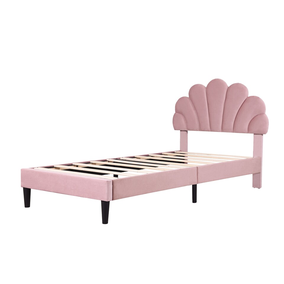 image 1 of Abrihome 3FT Single Upholstered Bed Frame with Adjustable Petal Headboard, Velvet, Solid Wood Slats, Pink, No Box Spring Needed