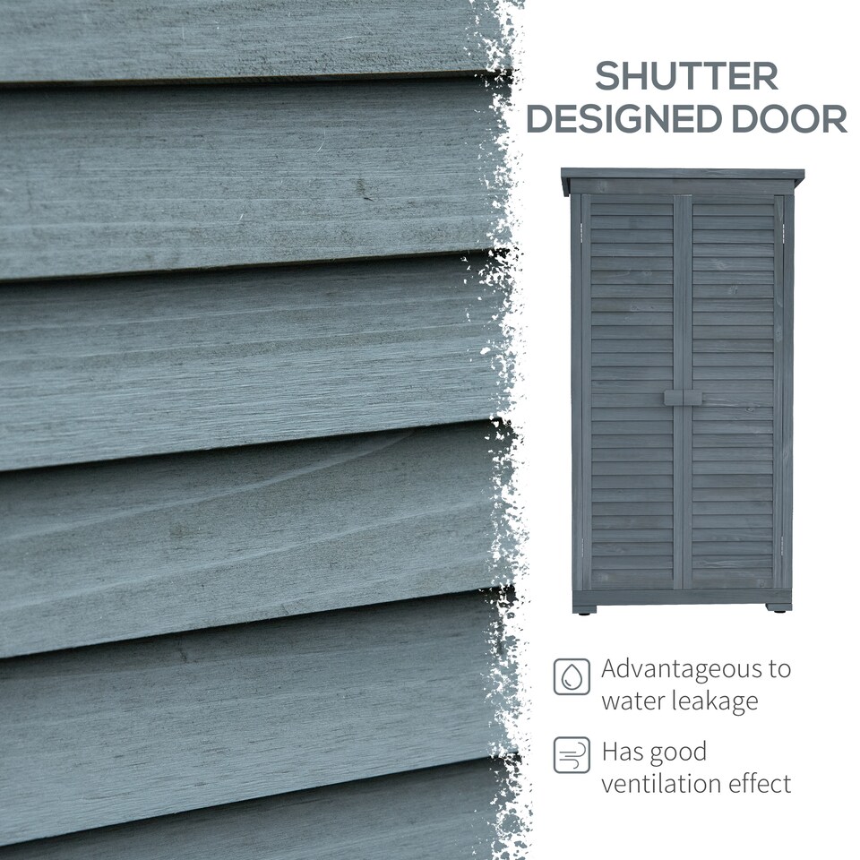 image 1 of Outsunny Small Shed, Wooden Garden Storage Shed, 3 Shelves Outdoor Tool Shed Cabinet with Asphalt Roof and Shutter Doors, 87cm x 47cm x 160cm, Grey | Grey | 1